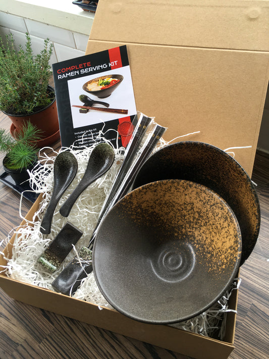Ramen Making Gift Box Set - Serving bowls, spoons, spoon rests, chopsticks and recipe in a gift box
