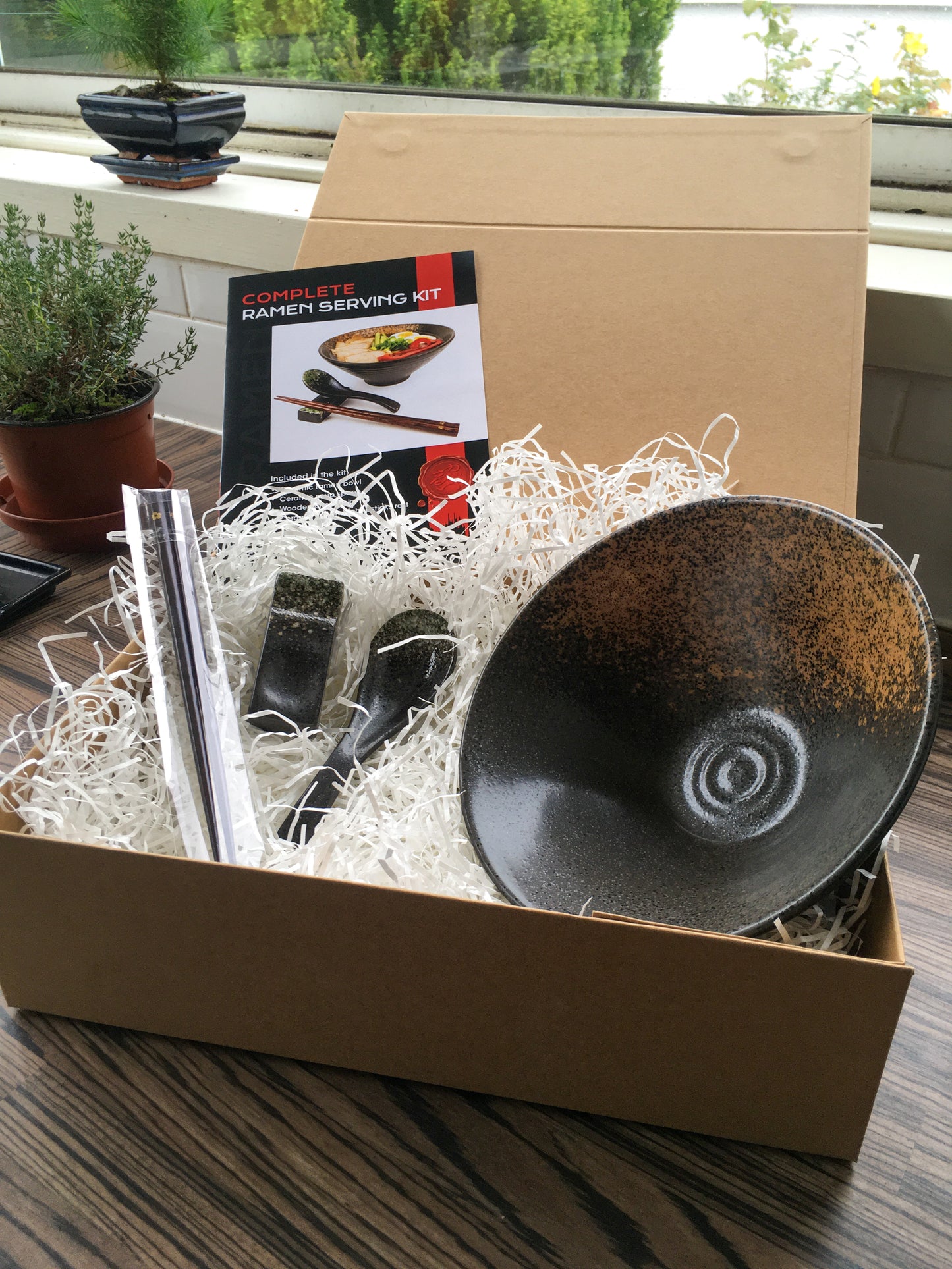 Ramen noodles serving kit for 1  Gift Box Set - Bowl, spoon, spoon rest, chopsticks and recipe in a gift box