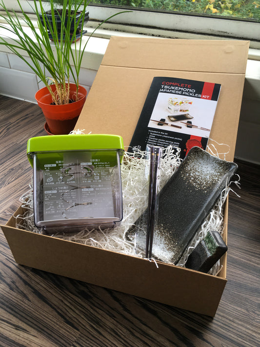 Tsukemono Japanese Pickles Gift Box Set - Pickling press box, serving plate, chopsticks, rest and recipe in a gift box