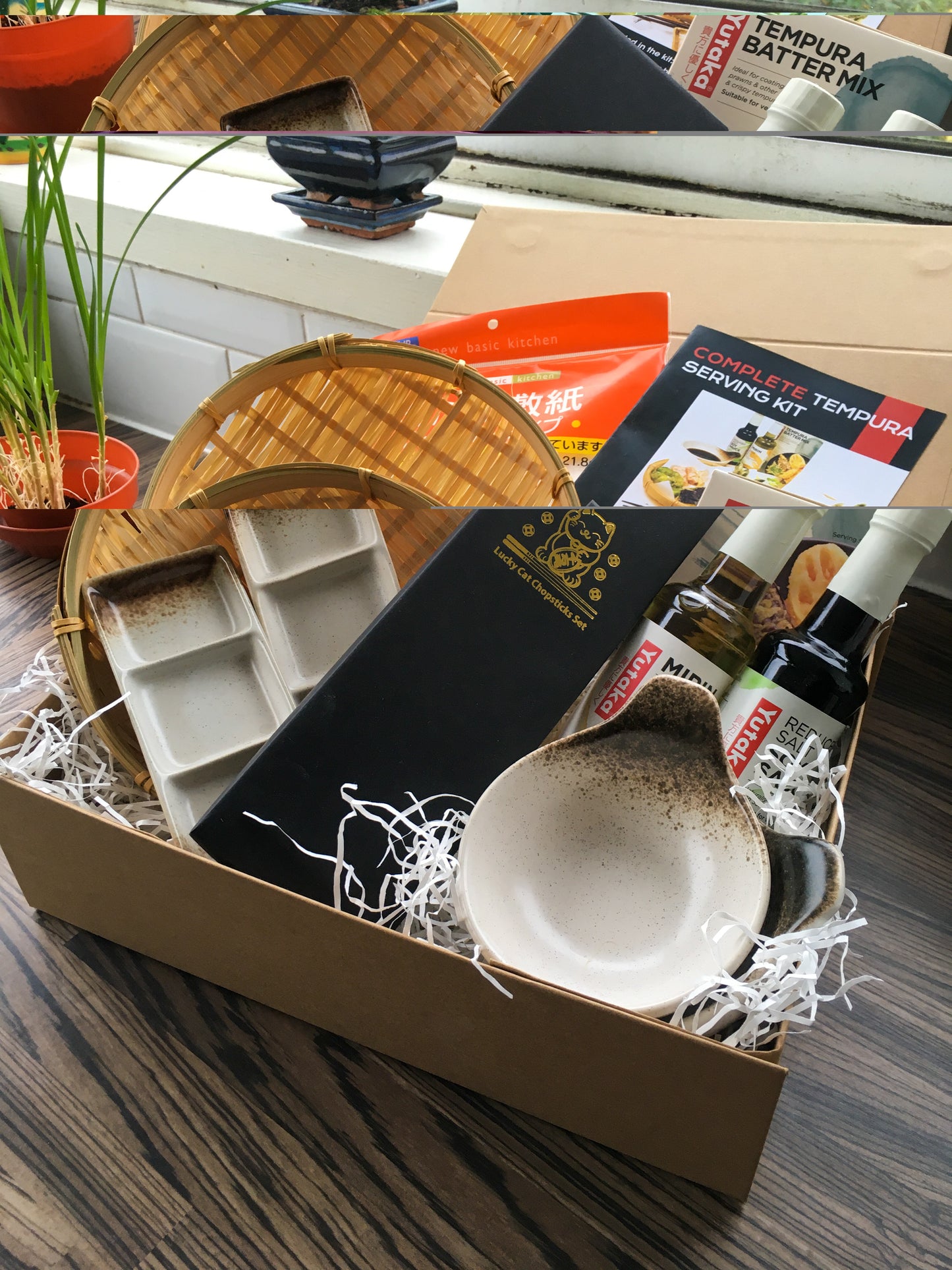 Tempura Serving Gift Box Set - Bamboo baskets, sauce bowls, condiment dishes, oil absorbibg paper, all ingredients and recipe all in a gift box